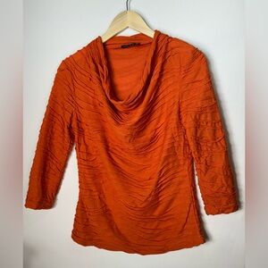 Cable & Gauge Ruffle Top Womens Med Orange Layered Tiered 3/4 Sleeve Pull Over